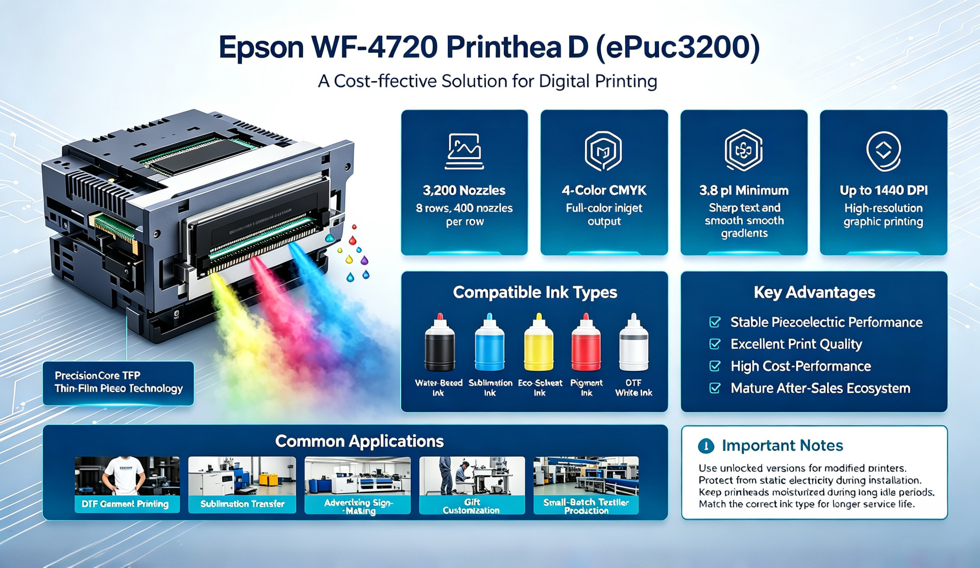 최신 회사 블로그 Epson WF-4720 Printhead EPS3200 | PrecisionCore TFP Print Head for DTF & Sublimation Printing
